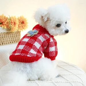 Abbigliamento per cani Moda Maglione lavorato a quadri scozzese Vestiti Fiori dolci Piccoli vestiti Gatto Kawaii Colore a contrasto Casual Prodotti per animali domestici invernali