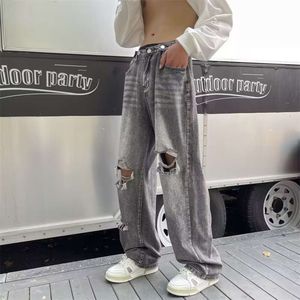 Calças estilo americano, calças masculinas de verão hiphop street fashion jeans desgastados, calças largas soltas da moda