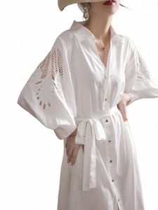 Women's Dr Hollow Out Design White Dres LG Sleeve Shirt Summer Dr One Piece Dr Elegant and Pretty Women's Dres T280＃