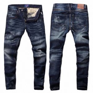 italienischen Stil Fi Männer Jeans Retro Dunkelblau Elastische Slim Fit Zerrissene Jeans Männer Streetwear Vintage Designer Denim Hosen Hombre P5EH #