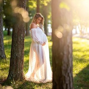 White Dot Tulle Maternity Pography Props Dress See Through Maternity Po Shoot Tulle Long Dress Lantern Sleeve 240315