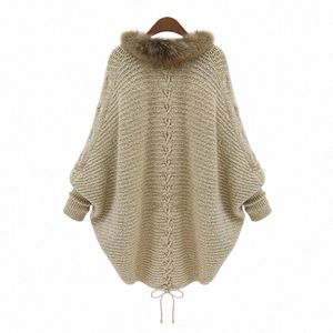 Novo outono camisola de malha batwing manga malha cardigan casaco curto feminino jaqueta de inverno falso gola de pele racco forro parka p1lu #