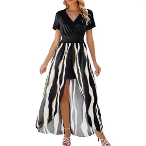 Casual klänningar Elegant randig sommar för kvinnor 2024 Kort ärm Party Holiday Long Dress Oregelbundna Skorts Jumpsuit Robe