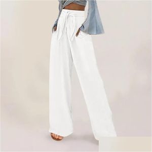Womens Pants Capris Pant For Women Female Casual Summer Solid Color Loose Trousers With Pockets Elastic Belt Leisure Temperament Work Otkyn