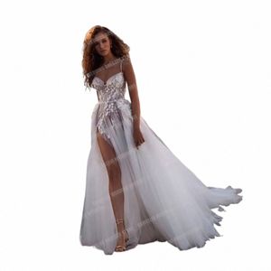 luxury Lace Applique Wedding Dres Boho A Line Women's Sexy V Neck Side Split Formal Party Bridal Gowns 2 In 1 Bohemia Vestido b64g#