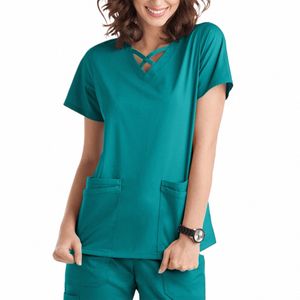 Униформа медсестры, женские однотонные топы с короткими рукавами и воротником, рабочая форма, блузка, скрабы, рабочая одежда, рабочие футболки для кормления, комбинезоны X5a2 #