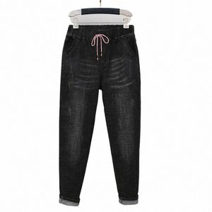 hs9901 Plus Size Mulheres Harem Jeans Cintura Alta Estiramento Solto Estilo Coreano Classic-Fit Branqueado Zero Cordão Calças Jeans 43Ag #