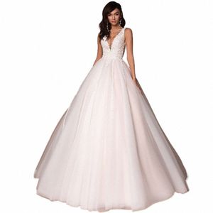 Dream Tulle Deep V-hals ärm Princ Wedding Dres 2023 Lace Up Pärlor Applique Bridal Dr Ball Gown Vestidos de Novia S9rs#