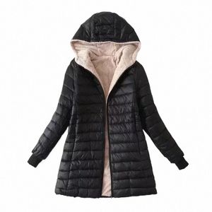 Giacca da donna invernale New Mid Length coreano Editi Hooded Fit Plus Fleece Cott Cappotto caldo agnello in pile Parka giacche invernali 77yI #