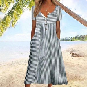 Casual Dresses Vintage Striped Print Dress Short Sleeve Button O-Neck Pocket Mid-Calf A-Line Beach Style Party 2024 Summer Women