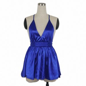 Satin veckad festklubb dr 2024 v halskvinnor Summer Dres Sexig baksida snörning bågband rem dres kvinnlig mini vestid m61s#