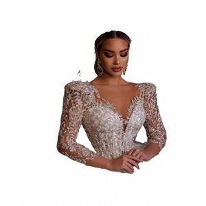 luxury Women's Wedding Dres Elegant V-Neck Lg-Sleeved Lace Applique A-Line Puffy Skirt Bridal Gowns Formal Beach Party Robe l2pT#