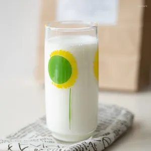Bicchieri da vino Versione coreana di Ins Wind Glass Francese Vintage Resistente al calore Tazza da colazione per latte Retro Girasole Stampa carina Acqua
