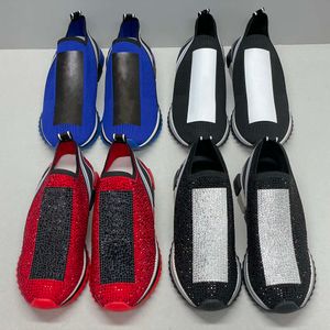 Designer homens tênis estiramento malha treinadores com strass cristais homens deslizamento-on sneaker preto branco vermelho glitter sapatos planos com caixa no442