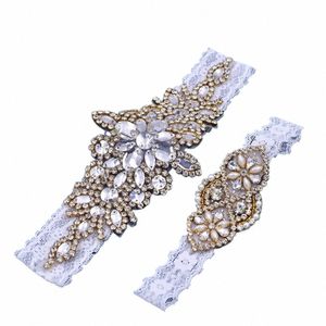 topqueen THS01-G Wedding Garter White Lace Elastic Belt Gold Decorati Sparkly Sexy Female Women Bridal Leg Ring Rhinestes r316#