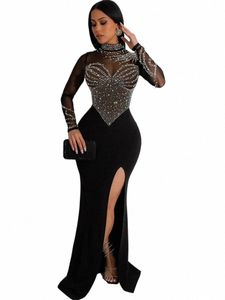 Kriceen Sexy Black Crystal Pearls High Split Maxi Dr Women LG Sleeve Mesh Bodyc Dr Birthday Party Club odzieży L27i#