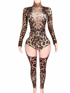 sexy Leopard Print Rhinestes Jumpsuit Women Performance Costume Party Nightclub Outfit Dancer Show Stage Wear Y9fP#