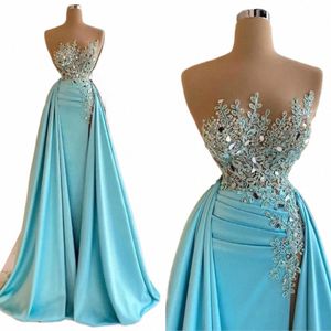 2024 New Blue Illusi Sleavel Evening dr Ruched Side Split Lace Beaded Formal Prom Party GownsエレガントなVestidos de fiesta e6os＃