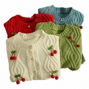 Yuoomuoo Chic Fi Cherry Knitted Komater Kobiety Autumn Cute Butt Up O-Neck LG Rękaw Lady Y2K Swatery Y6dc#