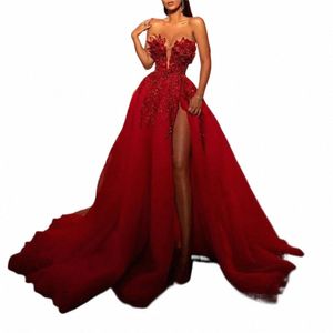 Red Elegant LG PROM DR 2021 Fudicury Strapl Sleevel Sequin Shiny Split Tulle Ball Grow Women Ordial Party Barty 98JH#