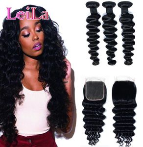 Leila Hair luźne głębokie fala 3 wiązki z zamknięciem ludzkie włosy Brazylijskie splotowe pakiety z zamknięciem 44 Remy Hair Extension5128766