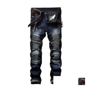 Mäns jeans 22 stilar herrar fasta färger motorcykel smal fold vikar hål långa denim byxor hip hop penna för manlig droppleveranskläder dhtpz