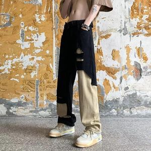 Männer Hosen Y2K High Street Schwarz Und Weiß Patchwork Zerrissene Jeans Für Männer Frauen Lose Gerade Rohr Farbe Kontrast