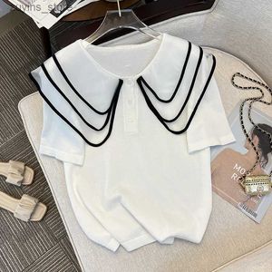 Женская футболка большого размера, летний пуловер в полоску с короткими рукавами, женский свитер, вязаный свитер 2023, топы, корейский джемпер Pull Femme, женская одежда24329