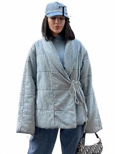 trafza Women Fi Denim Cott Jacket Autumn Winter Oversized Lg Sleeve Warm Coat Vintage Lace Up Thick Parka Outerwear v8fH#