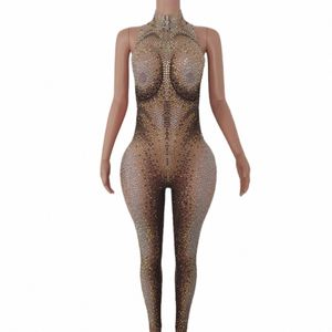 Tanzkostüm Skinny Acrobatic Sleevel Full Rhinestes Club Outfit für Frauen Elastic Party Nightclub Shiny Pole Jumpsuits N1Ru #