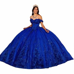 Custom Made Royal Blue Quinceanera Dres 2024 Paillettes fatti a mano 3D Frs Sweet 16 Dr Ball Gown Lace Up abiti da 15 66so #