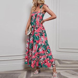 Casual Dresses Fashion Straps Long Dress Women Summer Boho Style Loose Sleeveless Square Collar Maxi Female Holiday Printed