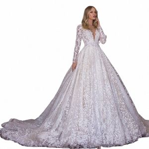 ashley Carol Elegant Wedding Dres For Women 2024 Lg Sleeve Beaded Appliques V-Neck Princ Wedding Gown Vestidos De Novia 88WI#