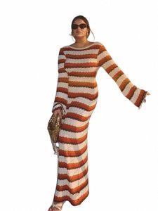 Summer Knitted Stripe Maxi Dr Women Shrochet Sheer Flare Rleeve Party O Neck Dres Sexy Backl Beach Holiday Street Robes B8EQ#