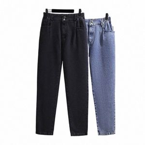 150kg Plus Size Mulheres Primavera Outono Solto Cintura Alta Jeans Slim 6XL 7XL 8XL 9XL 10XL Reta Calças Perna Larga Preto Azul d25b #