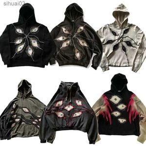 Mens Hoodies Sweatshirts Y2K New Vintage Harajuku Gothic Devils Eye Embroidery Patch Work Extra Large Womens Hip Hop Hoodie Loose Sports Hoodie Street ClothingL240