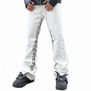 HARAJUKU Inner Side Letter Brodery White Black Men's Pants Straight Retro Streetwear Baggy Overdimensionerade denimbyxor S7CA#