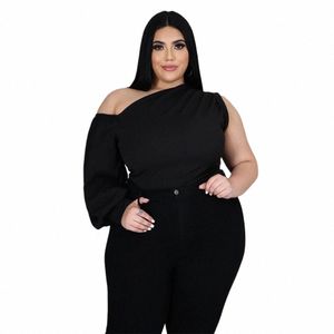 FI Plus Size Women's Blouse Casual Solid Color Skew Collar Single Sleeve Asymmetric Tops Lossa stor storlek Kvinnlig T-shirt W859#
