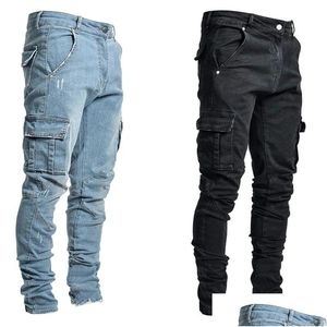 Mens Jeans MTI Pocket Cargo Casual Cotton Denim Trousers Fashion Pencil Pants Sidfickor Drop Delivery Apparel Clothing Dhyqp