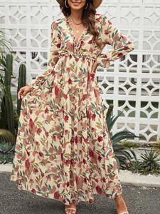 Casual Dresses Women Fall Maxi Dress Long Sleeve Frills Flower Print Loose Spring Going Out Swing