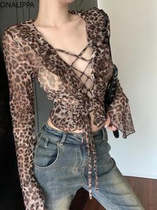 Mulheres Camisetas Onalippa Sexy Leopard Chiffon para Mulheres Ruffles V Neck Cordão Lace Up Tops Long-Sleeve High Street Cropped Camisa
