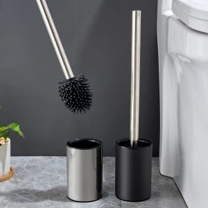 Borstar rostfritt stål svart toalettborste hållare stående långt handtag toalett rengöring borst mjuk tpr silikon huvud brossse wc verktyg