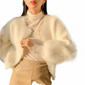 Sweet Lantern Sleeve Mink CMERE Sweater Sticked Cardigan Korean Beads 2021 Ny Causal Knitwear Open Stitch B8sh#