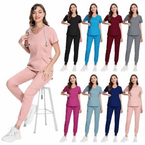 Multicolor Doctor Surgery Set Scrub Uniform Women Solid Color Work Suits Stretch Fabric Nursing Workwear V Neck TopsJogger Pant r9CQ #