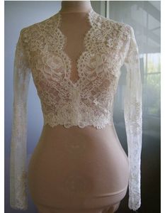 Vintage Spitzen-Hochzeitsjacken mit langen Ärmeln, sexy V-Ausschnitt, Spitze, Braut-Boleros, maßgeschneiderte Spitzen-Bolero-Hochzeitsaccessoires