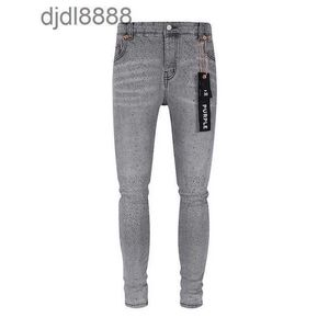 Herr designer byxor high street trendiga lila varumärke jeans herrar ny anti åldrande smal passform