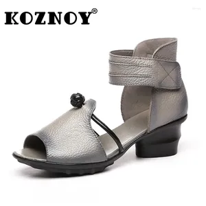 Sandálias Koznoy 6cm Nó Étnico Natural Vaca Couro Genuíno Verão Gancho Chunky Heels Mulheres Handmade Imprimir Senhoras Mocassins Sapatos