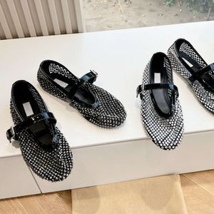 Bulingbuling Fishnet Ballet Flats 여성 디자이너 샌들 블랙 패브릭 라인 스톤 클래식 로퍼 버클 캐주얼 신발 548