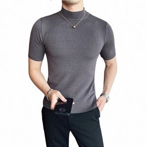 autumn High Quality Short Sleeve Knitted T Shirts Men Slim Solid Pullovers Half Turtleneck Casual Stretched Tee Shirt Homme y5T8#