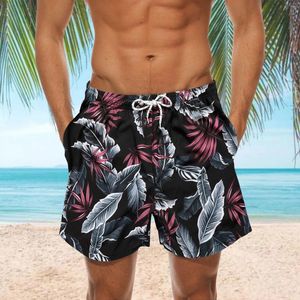 Men's Shorts Boho Vintage Leaves Print Board Drawstring Double Pocket Breeches Knee Trunks Summer Hawaiian Leisure Beachwear